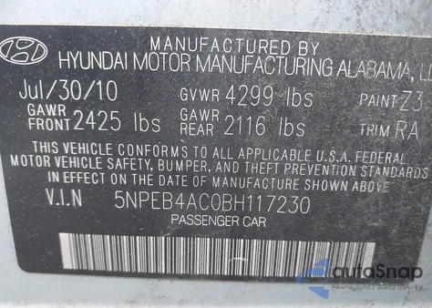 2011 Hyundai Sonata Gls z USA, uszkodzony, nr VIN 5NPEB4AC0BH117230
